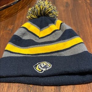 Holloway Navy, Gray & Yellow Pom Knit Beanie with Tiger Patch